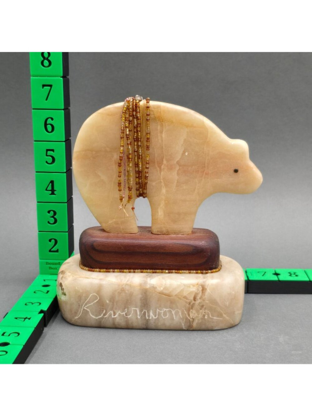 Alabaster Bear Fetish Carving Wood Base Signed Riverwoman Numbered 4011 7" READ - Picture 16 of 16